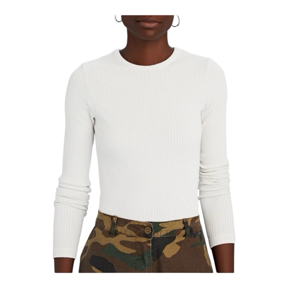 AGOLDE Alma Shrunken Crewneck Ribbed Luxury Basic Long Sleeve Top White S $152